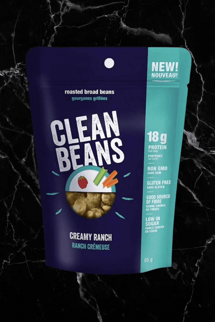 Clean Beans Creamy Ranch roasted broad beans, 18g protein per serving. Gluten-free, high protein snack for fitness and wellness.
