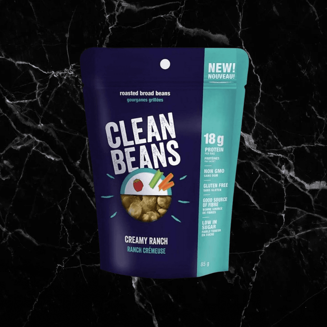Clean Beans Creamy Ranch roasted broad beans, 18g protein per serving. Gluten-free, high protein snack for fitness and wellness.