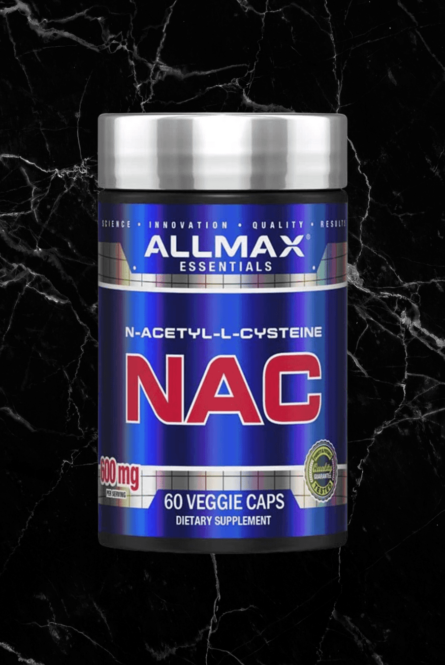 Allmax NAC 600mg 60caps supplement bottle for liver and immune health support. Premium NAC supplement in veggie capsules for antioxidant protection.