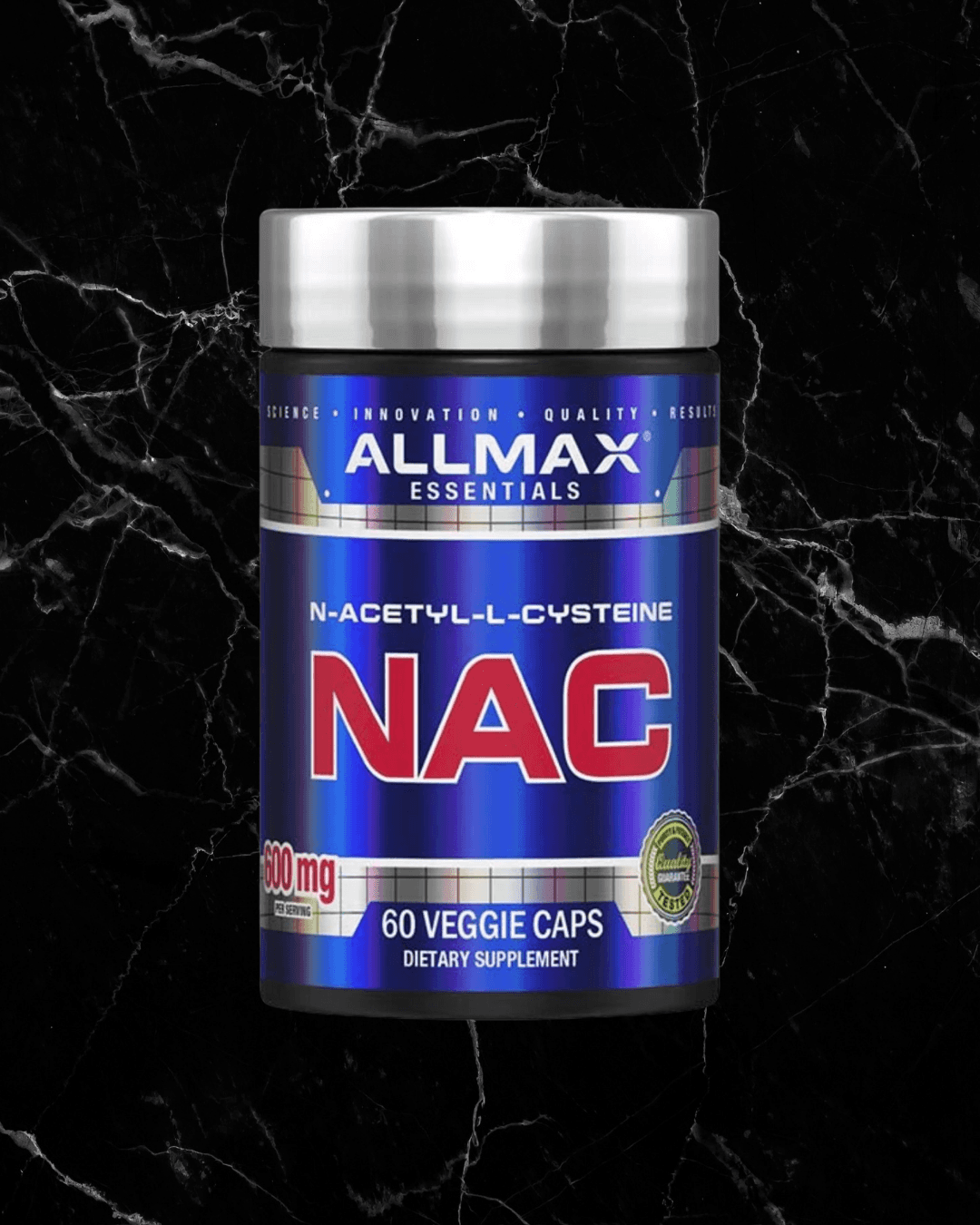 Allmax NAC 600mg 60caps supplement bottle for liver and immune health support. Premium NAC supplement in veggie capsules for antioxidant protection.