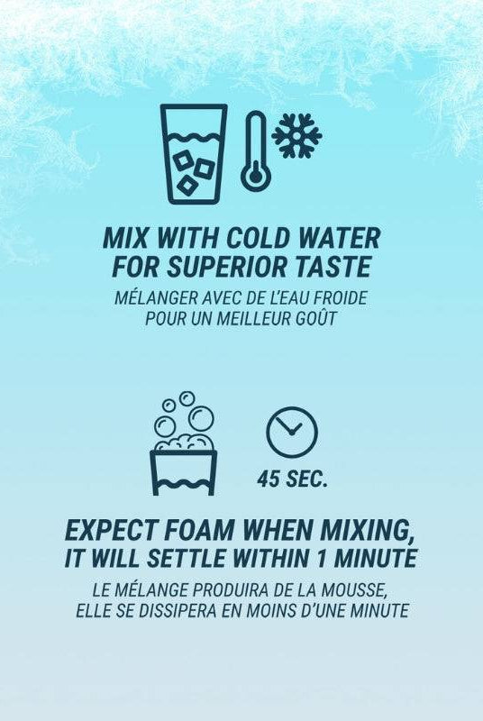 Mixing instructions for Believe Supplements Pineapple Punch Protein Refresher, recommending cold water and noting foam settles within 1 minute.