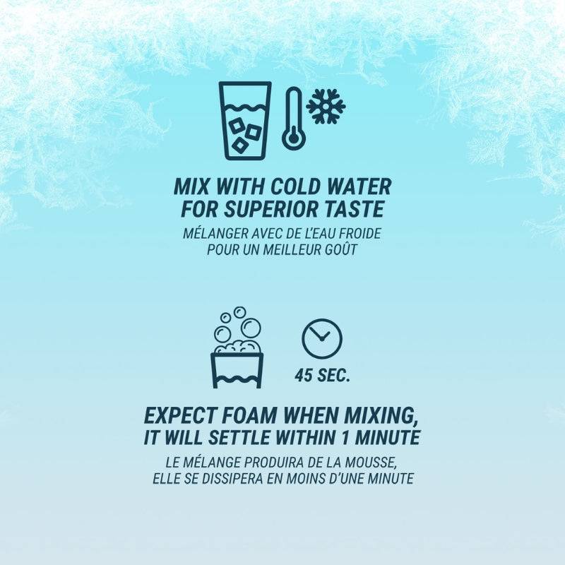 Mixing instructions for Believe Supplements Pineapple Punch Protein Refresher, recommending cold water and noting foam settles within 1 minute.