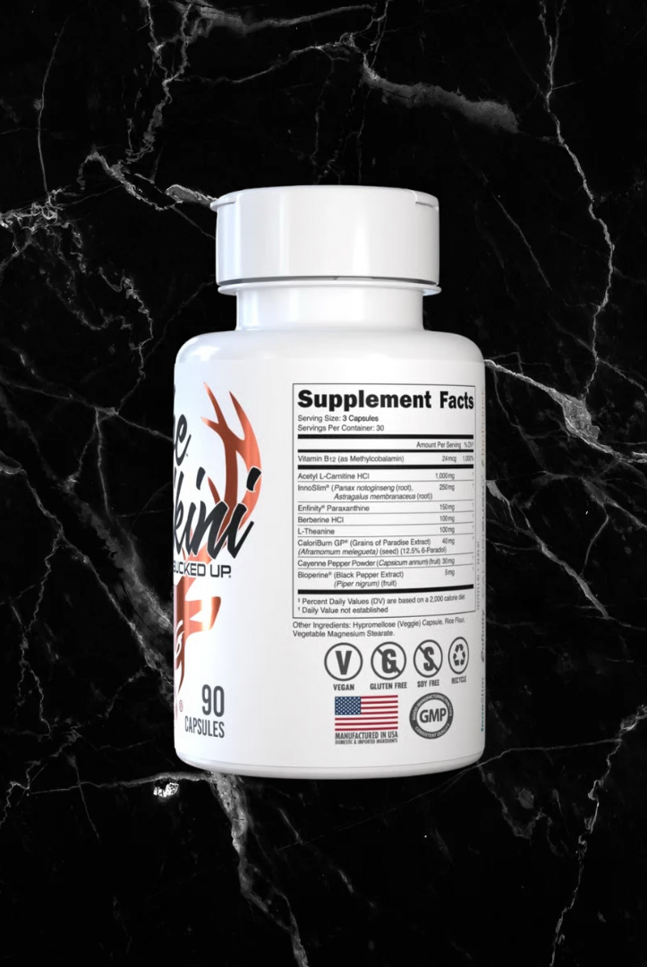 Back view of Babe Bikini by Bucked Up supplement bottle showing supplement facts and certifications for vegan, GMP, and made in the USA.