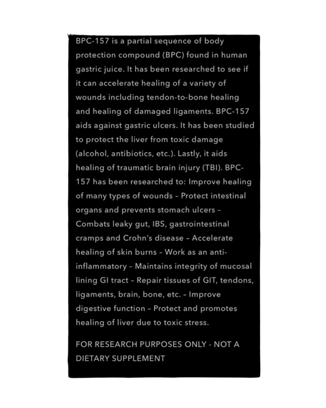 Detailed description of BPC-157 benefits including wound healing and gut health. BPC- Supplement - Healing & Recovery Booster for research only.