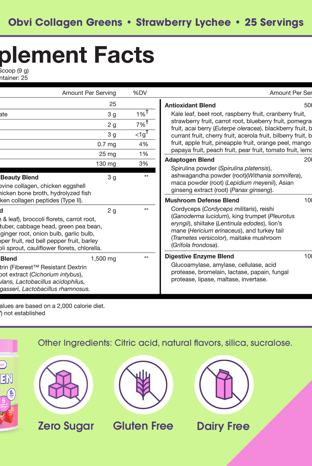 Supplement facts panel for Obvi Collagen Greens - Strawberry Lychee showing ingredients like collagen peptides, probiotics, and adaptogen blends.