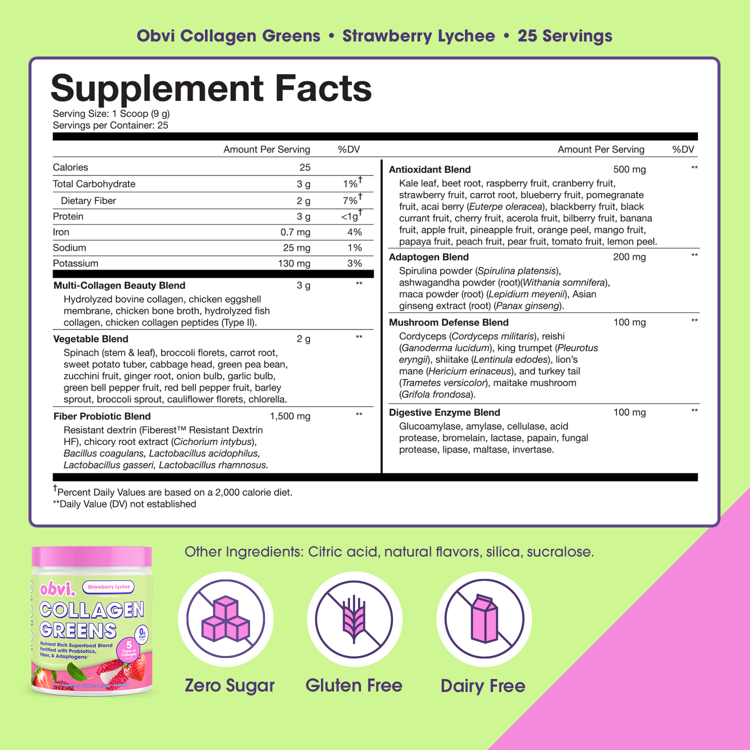 Supplement facts panel for Obvi Collagen Greens - Strawberry Lychee showing ingredients like collagen peptides, probiotics, and adaptogen blends.