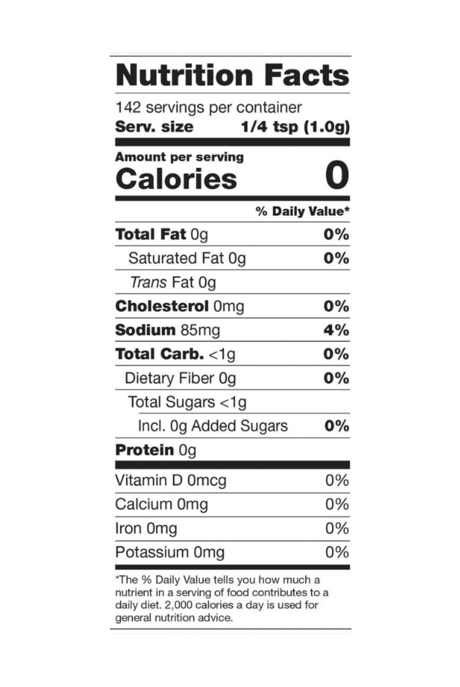 Cayenne Spices Blend - Sweet-Spicy Fusion nutrition label showing zero calories, fat, sugar, and sodium per 1/4 tsp serving. Ideal for guilt-free seasoning.
