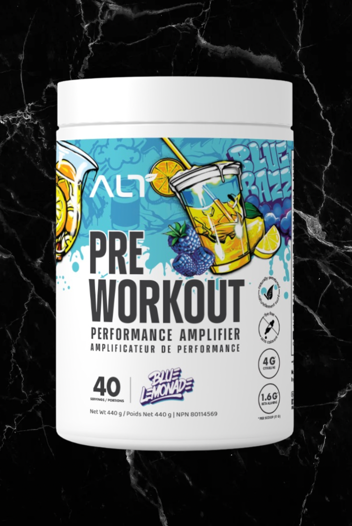 ALT Pre-Workout Blue Lemonade flavour with illustrated lemons and blueberries. Boosts workout performance with no artificial additives.