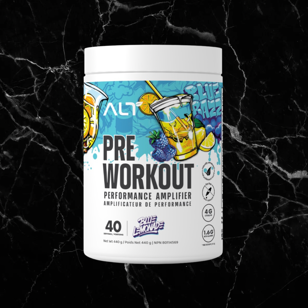 ALT Pre-Workout Blue Lemonade flavour with illustrated lemons and blueberries. Boosts workout performance with no artificial additives.