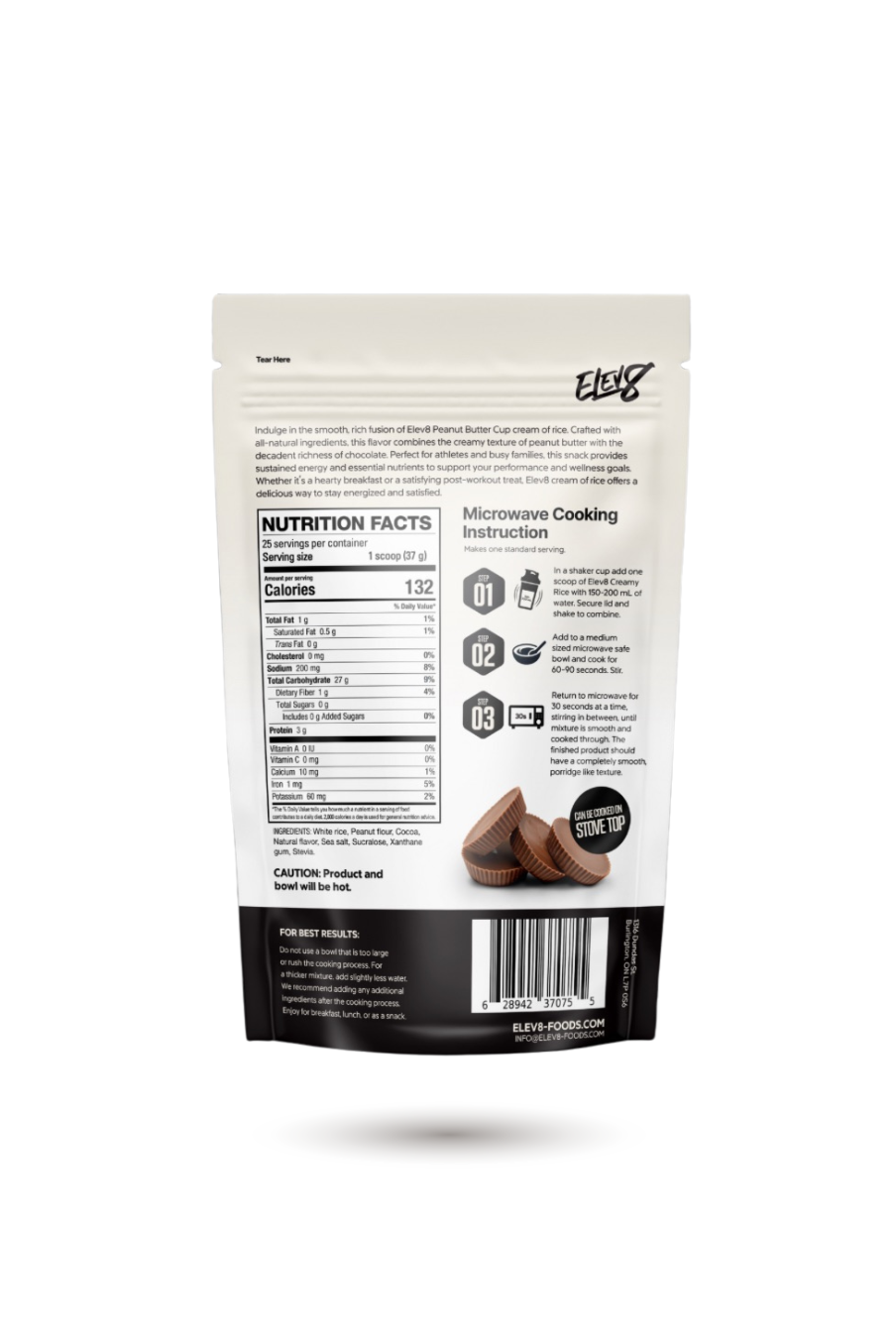 Back of ELEV8 Creamy Rice Peanut Butter Cup pouch with nutritional breakdown and prep guide. High-energy, gluten-free snack option.