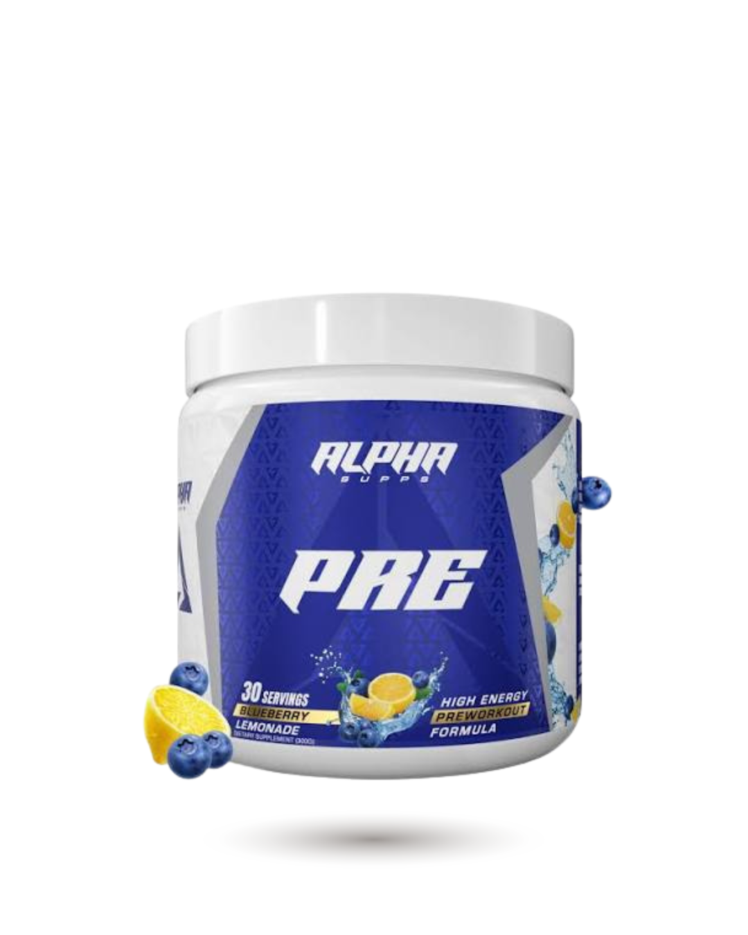 Alpha Supps Pre-Workout Blueberry Lemonade flavor, 30 servings for enhanced focus, energy, and workout endurance.