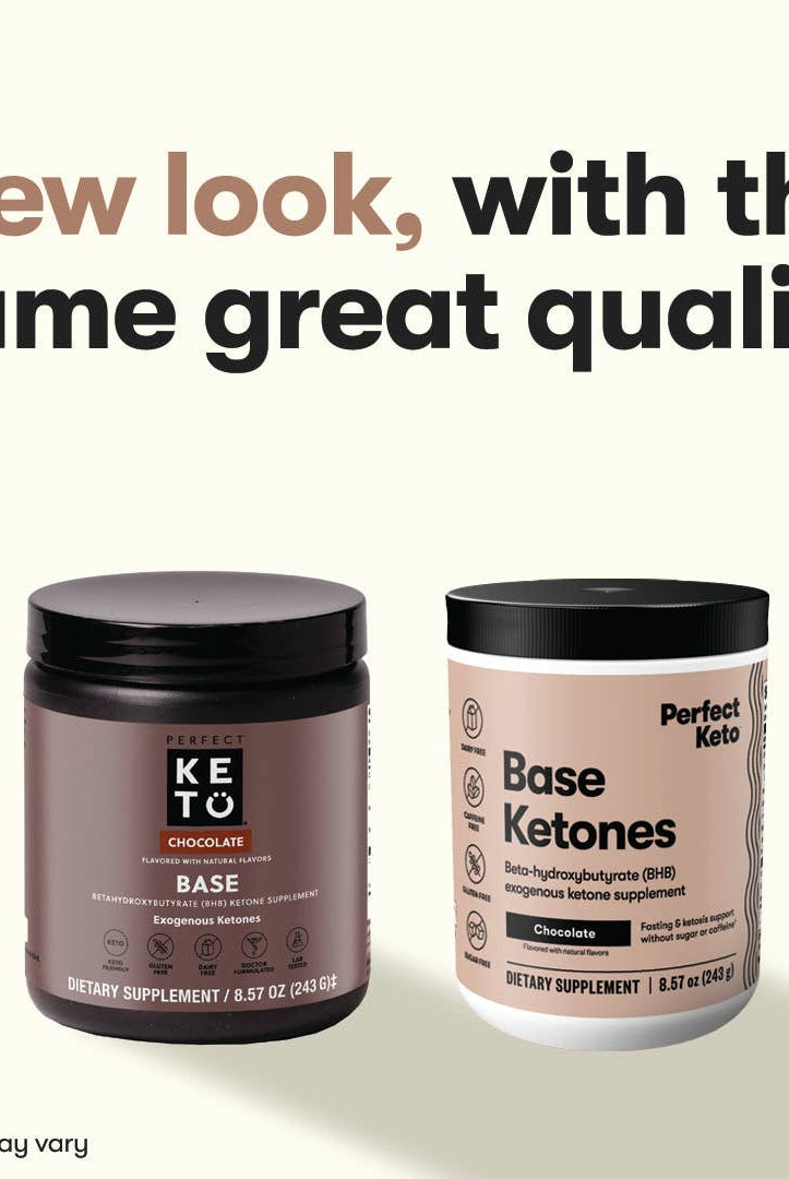 Perfect Keto Chocolate Base Ketones packaging update comparison, same effective BHB formula for energy and ketosis support.