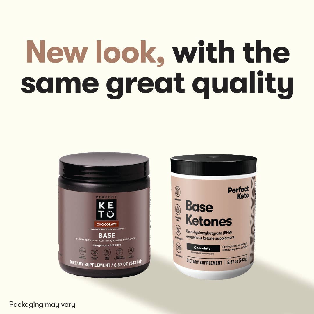 Perfect Keto Chocolate Base Ketones packaging update comparison, same effective BHB formula for energy and ketosis support.