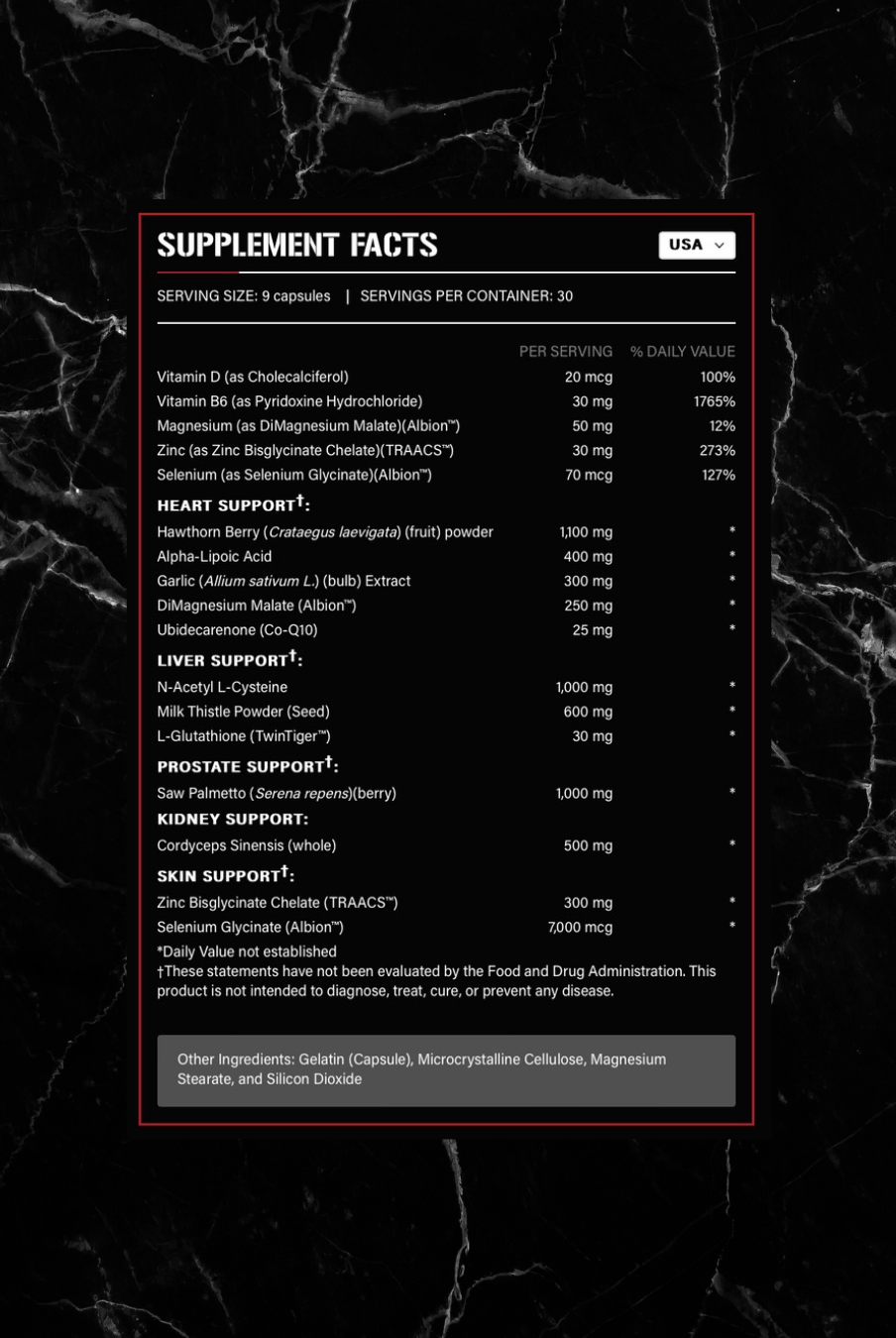 Supplement facts label for Liver Support Supplement - Rich Piana 5% Nutrition Liver & Organ Defender showing ingredients and daily values.