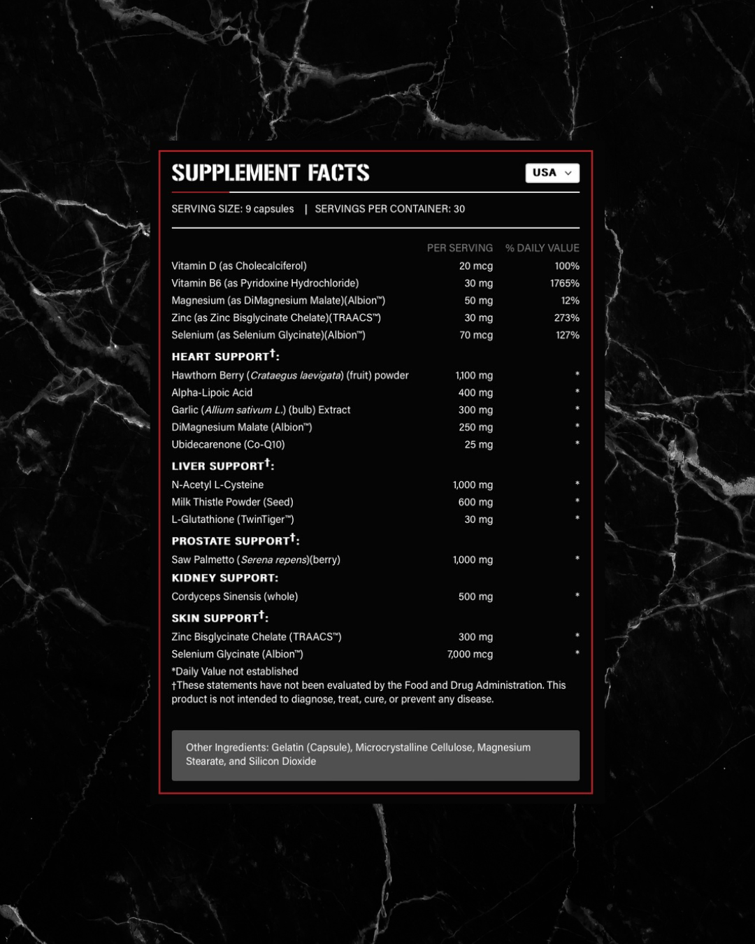 Supplement facts label for Liver Support Supplement - Rich Piana 5% Nutrition Liver & Organ Defender showing ingredients and daily values.