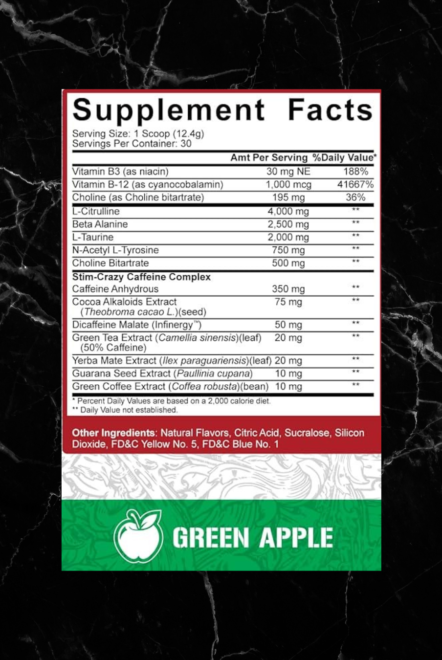 Green Apple flavor supplement facts for Rich Piana 5150 Pre-Workout, showing detailed breakdown of energy-boosting ingredients.