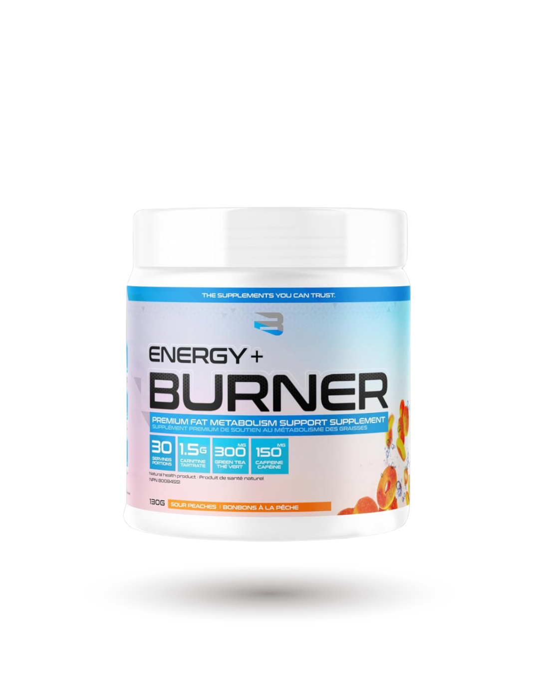 Believe Supplements Energy Sour Peaches Essentials 130g, fat metabolism support with caffeine and L-carnitine. Tangy sour peach flavor blend.