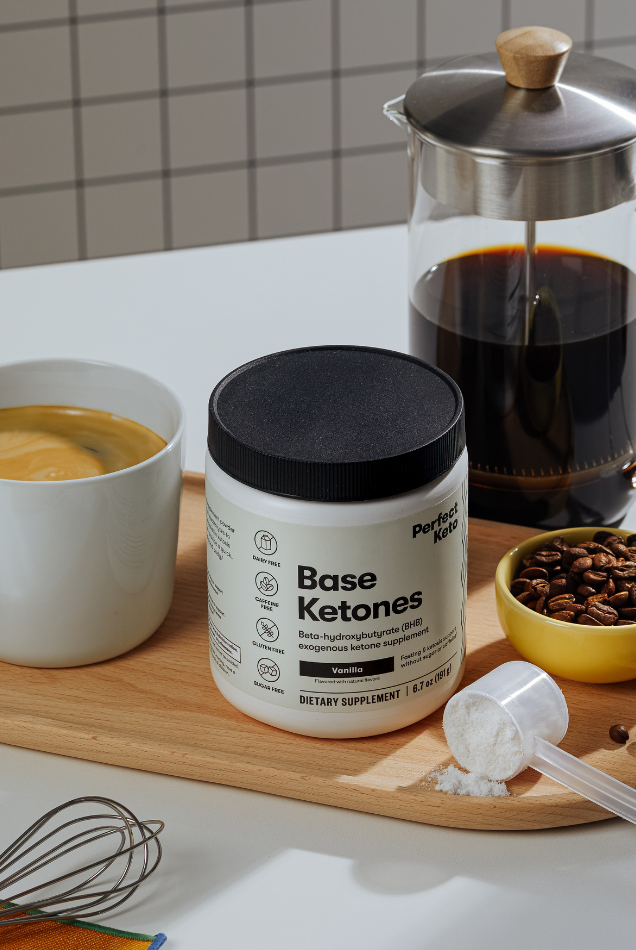 Vanilla Perfect Keto Base Ketones with coffee setup, caffeine-free BHB supplement for clean energy and mental clarity support.