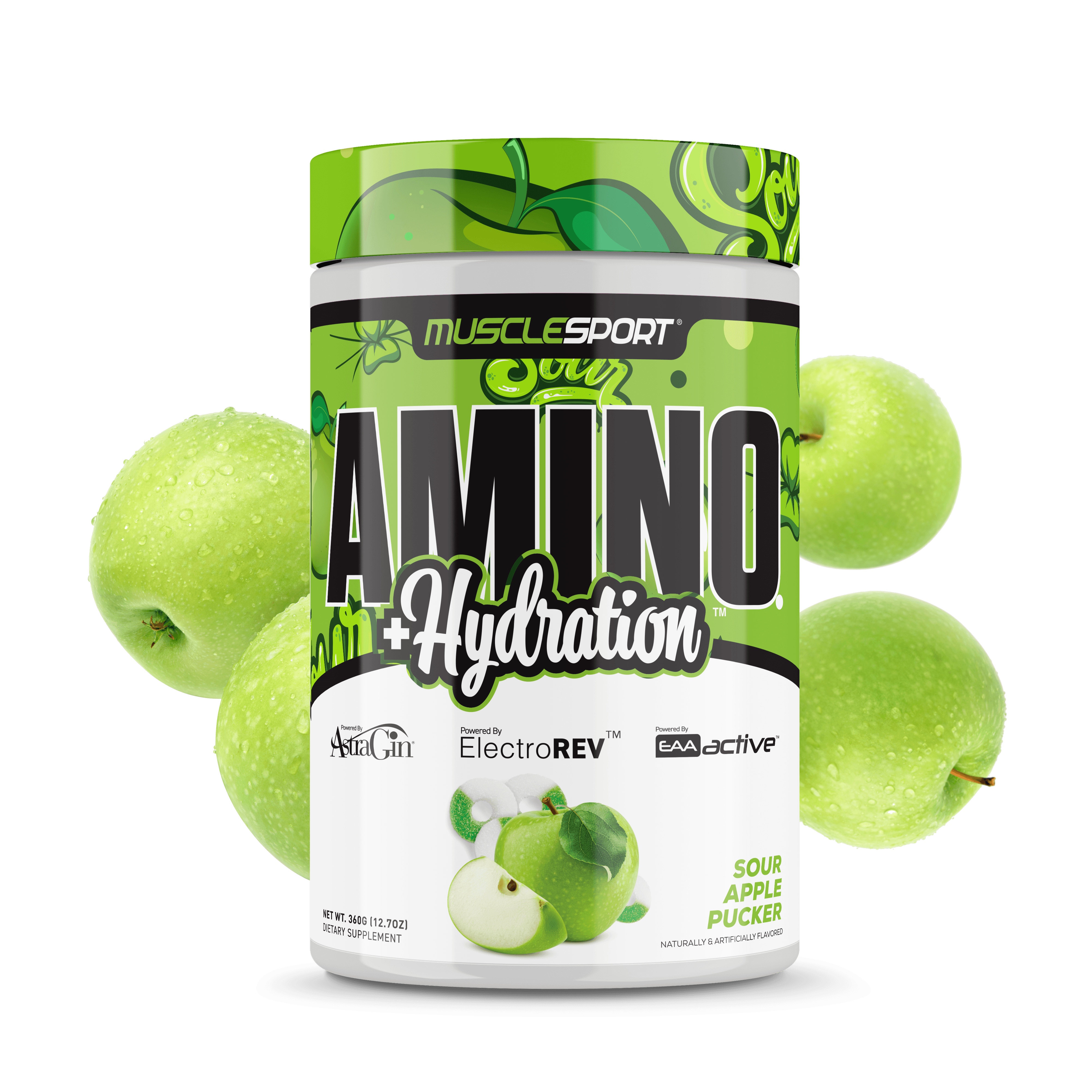MuscleSport Amino + Hydration Sour Apple Pucker 360g with green apples. Amino hydration supplement for energy, endurance, and muscle repair.