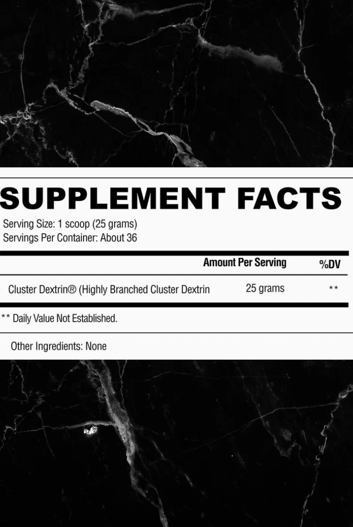 Supplement facts label for C Block carbohydrate supplement showing 25g of Cluster Dextrin per scoop with no other ingredients listed.