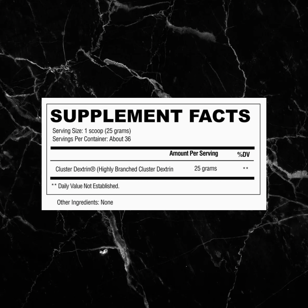 Supplement facts label for C Block carbohydrate supplement showing 25g of Cluster Dextrin per scoop with no other ingredients listed.
