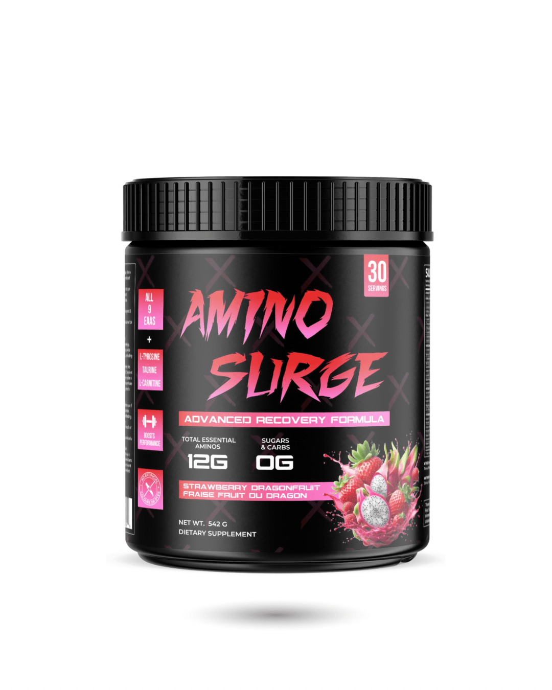 Ape Amino Surge Eaas Bcaas hydration supplement in Strawberry Dragonfruit flavor, 30 servings, for advanced recovery and muscle support.