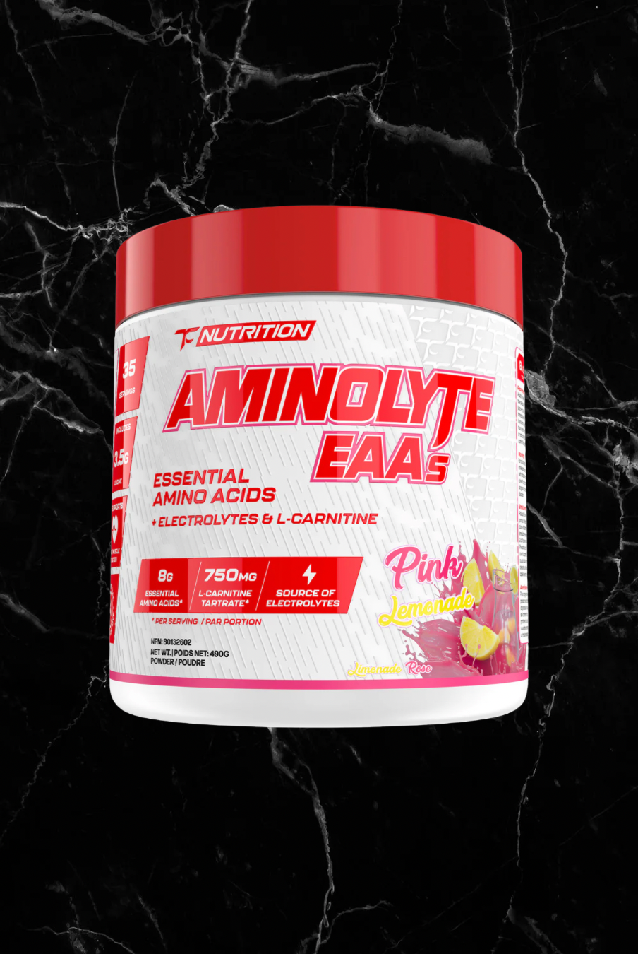 TC Nutrition Aminolyte EAAs Pink Lemonade flavor combines EAAs, electrolytes, and L-carnitine for enhanced muscle recovery and hydration.
