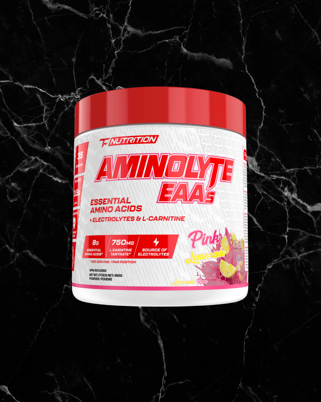 TC Nutrition Aminolyte EAAs Pink Lemonade flavor combines EAAs, electrolytes, and L-carnitine for enhanced muscle recovery and hydration.