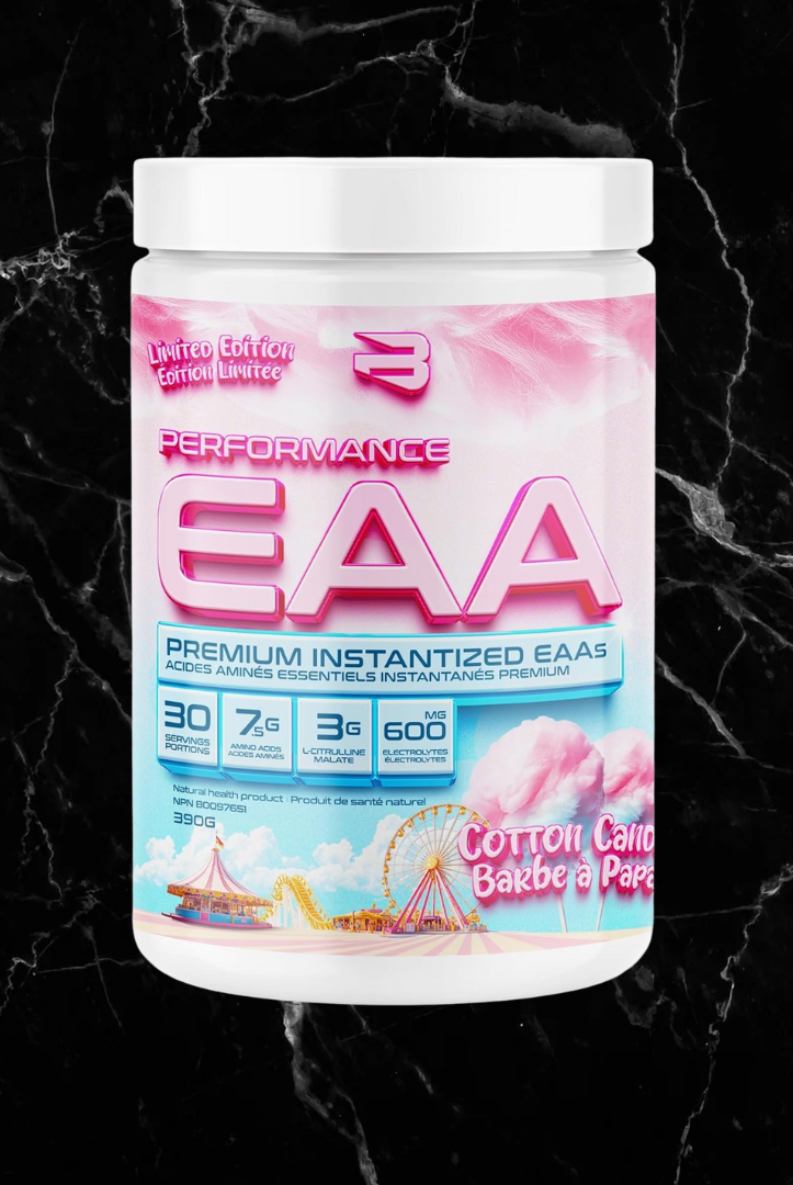Believe Supplements EAA Cotton Candy tub with vibrant pink label, designed to boost muscle mass and recovery with 9 essential amino acids.