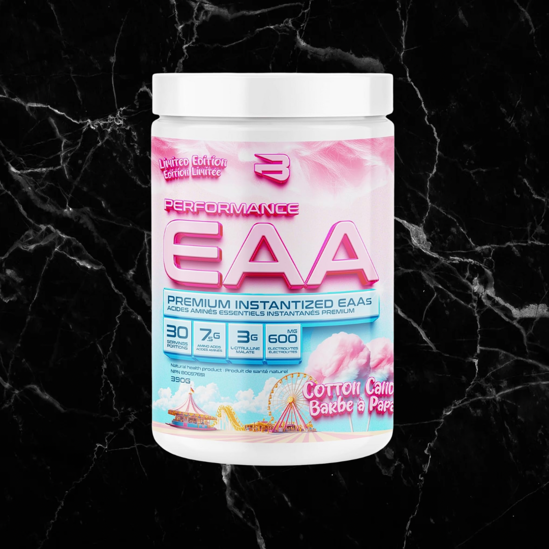 Believe Supplements EAA Cotton Candy tub with vibrant pink label, designed to boost muscle mass and recovery with 9 essential amino acids.