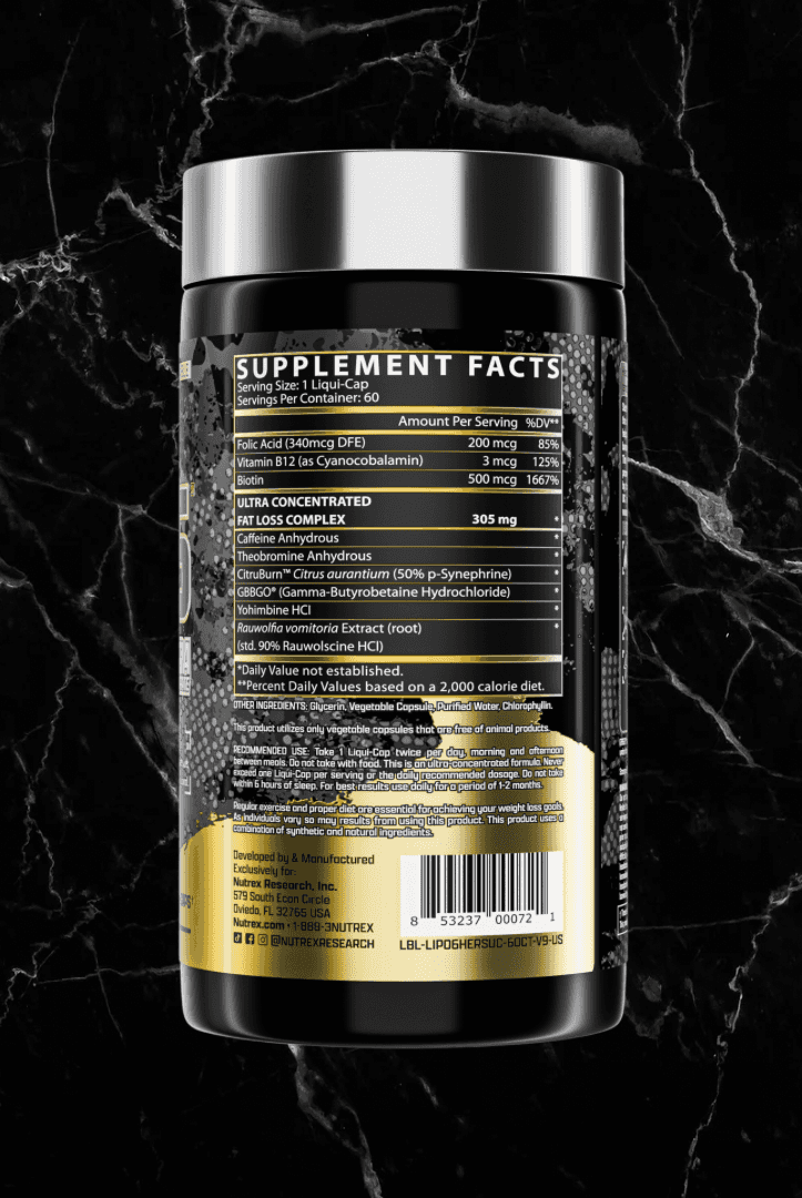 Back label of Nutrex Lipo6 HERS Ultra showing supplement facts and ingredients for this female-focused weight loss supplement.