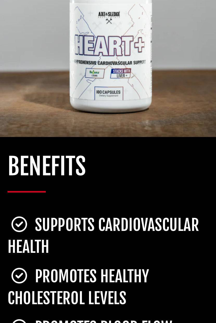 Axe & Sledge Heart+ bottle displayed with benefits list including cardiovascular support, cholesterol management, and inflammation reduction.