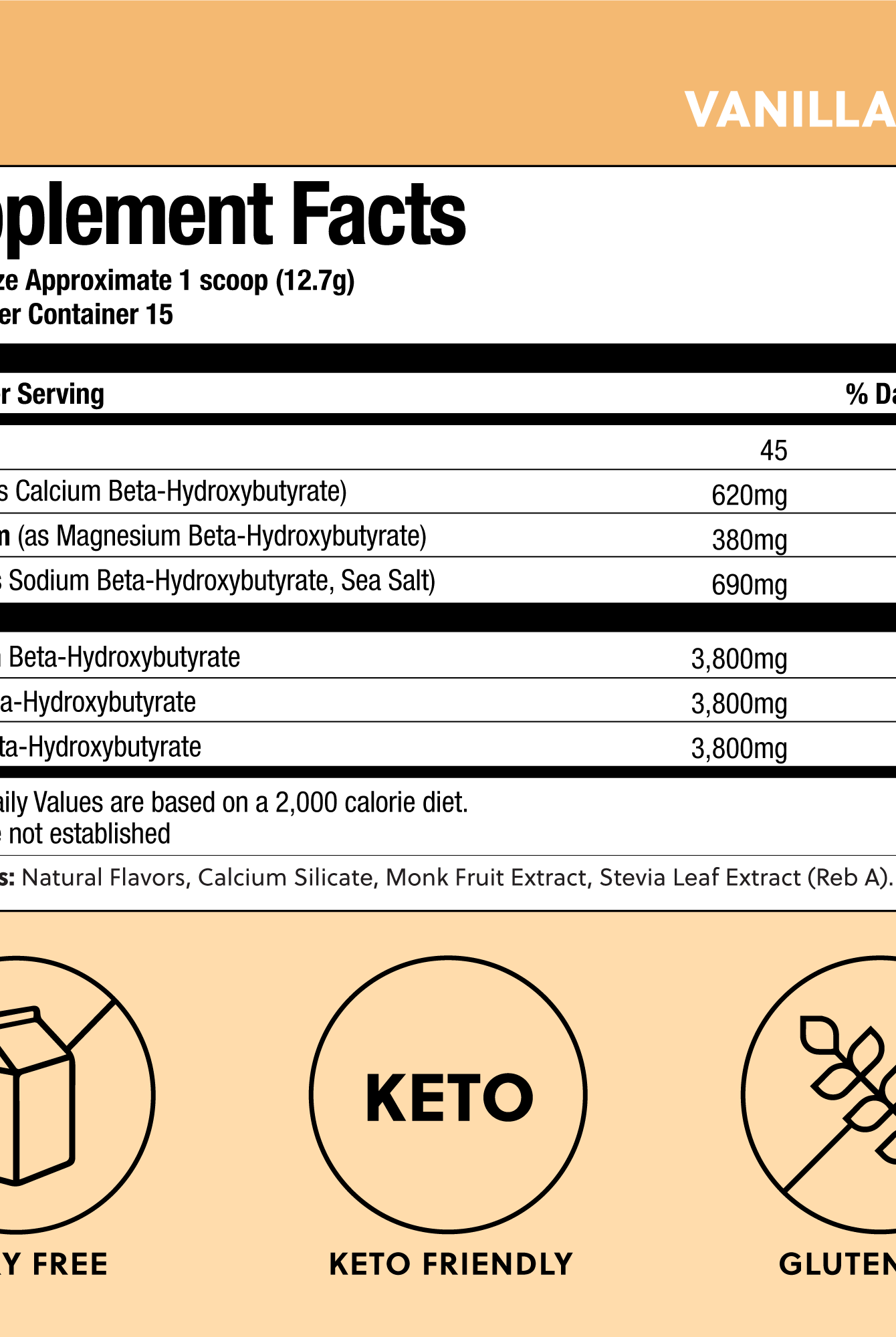 Supplement facts for Vanilla Perfect Keto Base Ketones, showing BHB dosage and keto-friendly, gluten-free, dairy-free benefits.