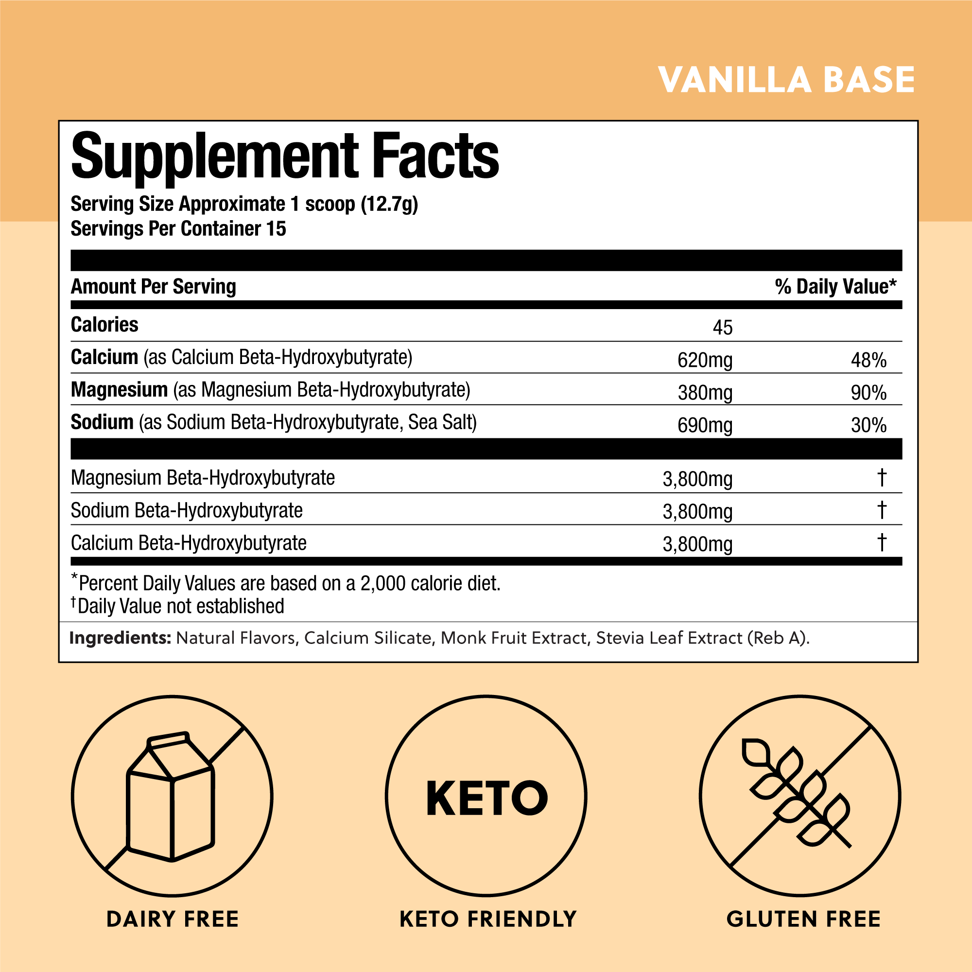 Supplement facts for Vanilla Perfect Keto Base Ketones, showing BHB dosage and keto-friendly, gluten-free, dairy-free benefits.
