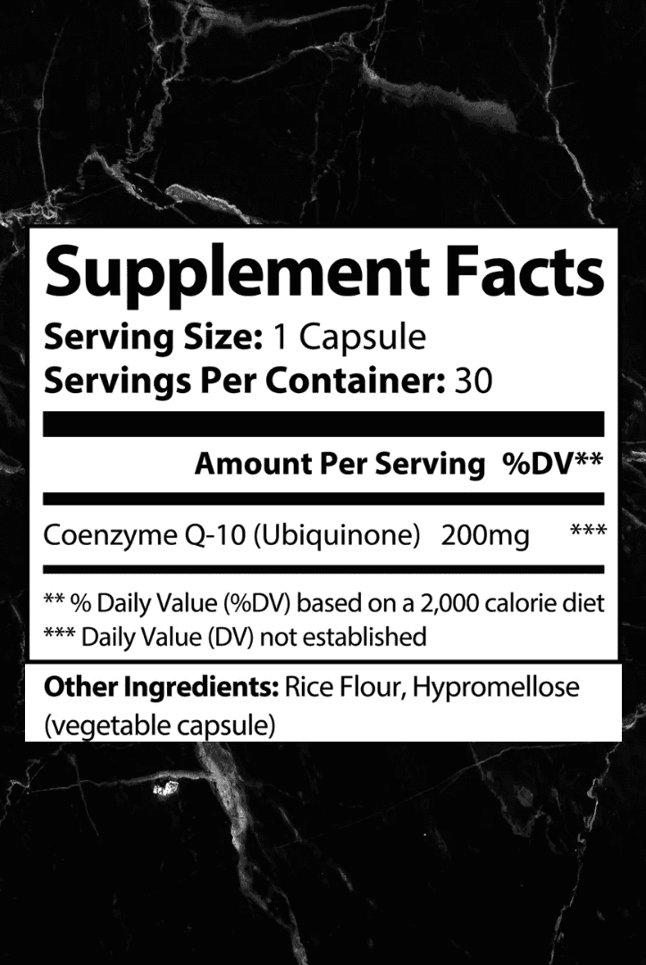 Supplement facts label for CoQ10 Ubiquinone showing 200mg Coenzyme Q-10 per capsule with rice flour and hypromellose as other ingredients.