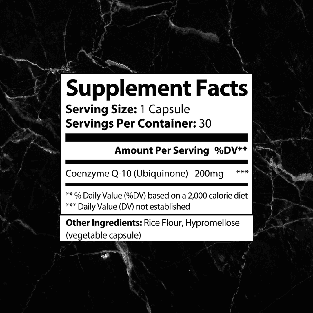 Supplement facts label for CoQ10 Ubiquinone showing 200mg Coenzyme Q-10 per capsule with rice flour and hypromellose as other ingredients.