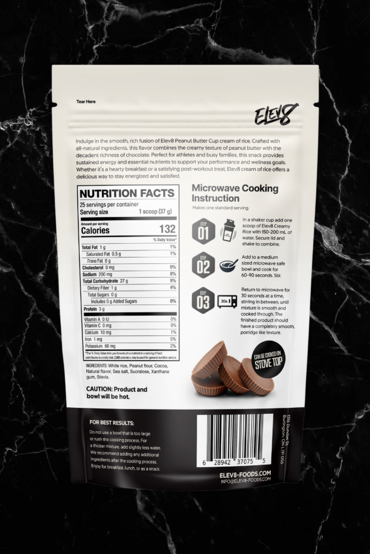 ELEV8 Creamy Rice Peanut Butter Cup back label with calorie count, ingredients, and easy microwave cooking directions.
