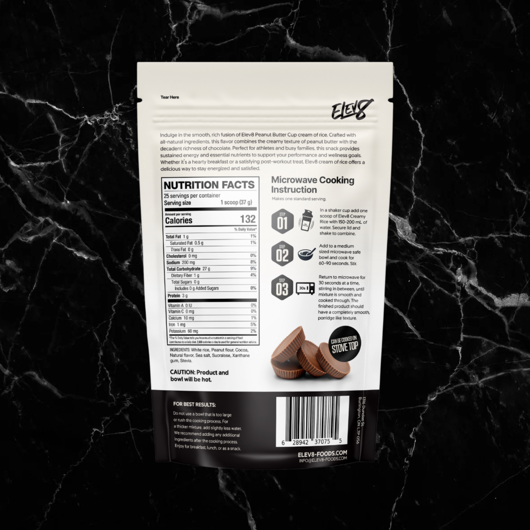ELEV8 Creamy Rice Peanut Butter Cup back label with calorie count, ingredients, and easy microwave cooking directions.