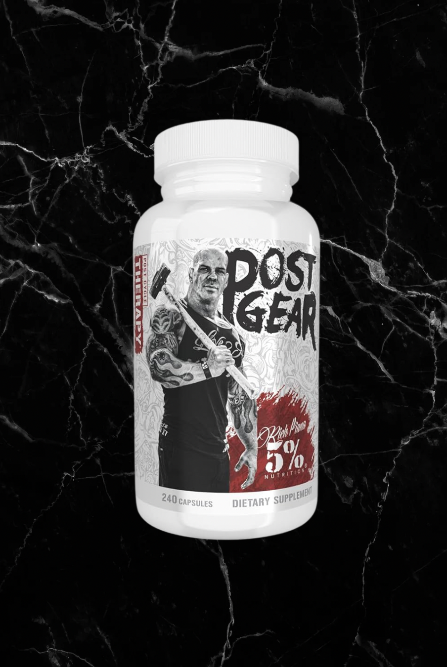 5% Post Gear PCT supplement bottle featuring Rich Piana branding, designed for muscle building and hormone balance after cycle therapy.