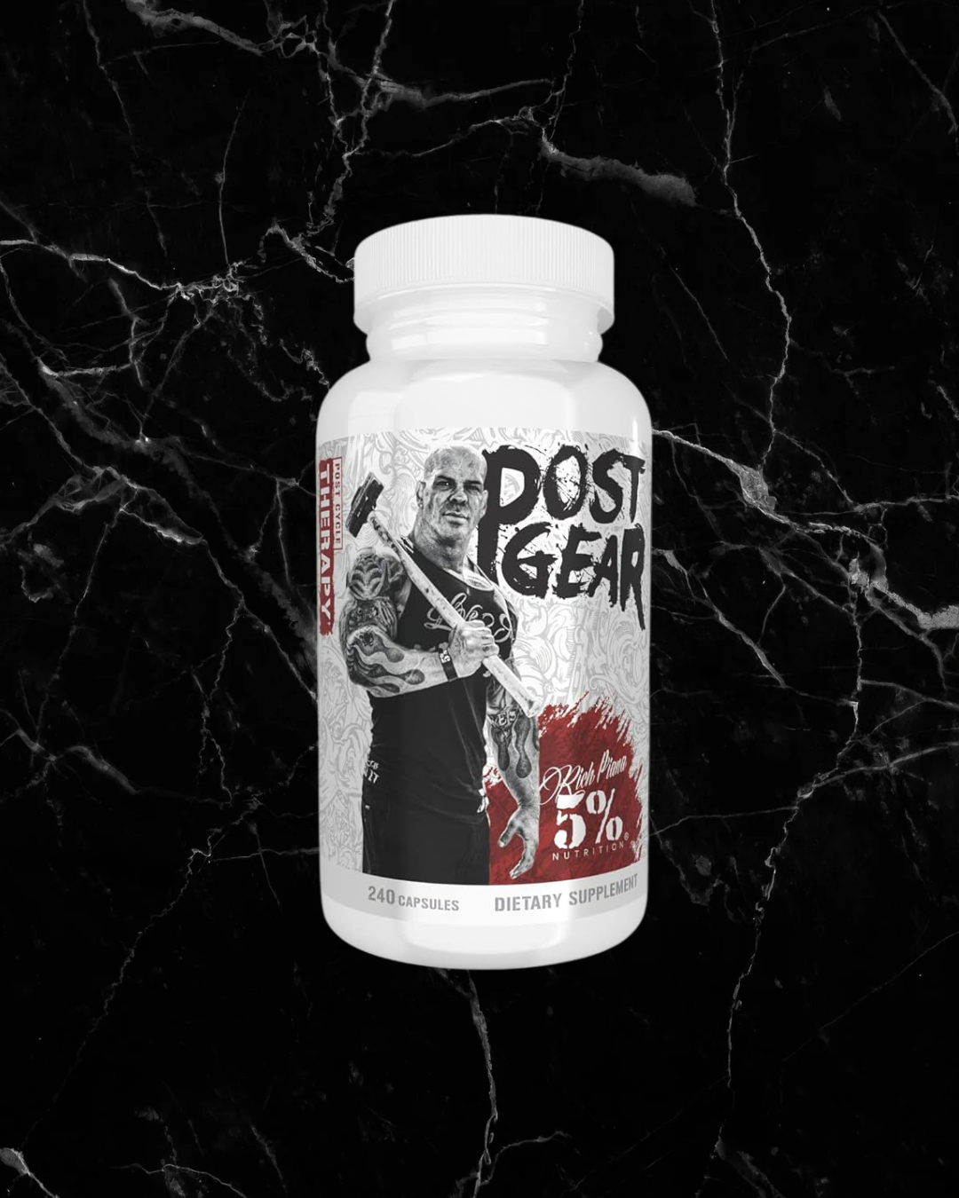 5% Post Gear PCT supplement bottle featuring Rich Piana branding, designed for muscle building and hormone balance after cycle therapy.