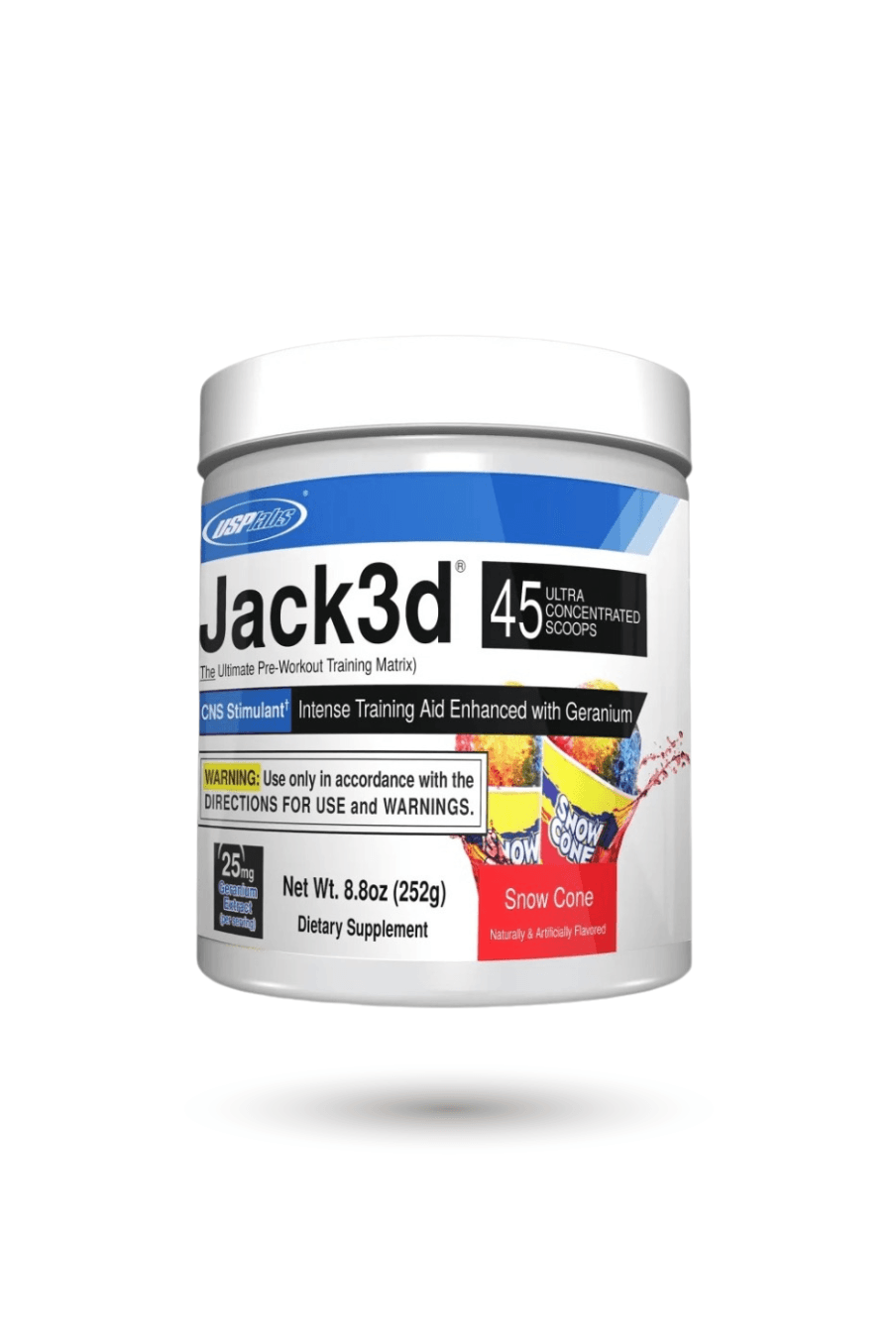 Jack3d DMHA Pre-Workout Snow Cone flavor by USP Labs, 45 ultra-concentrated scoops for enhanced energy and workout performance.