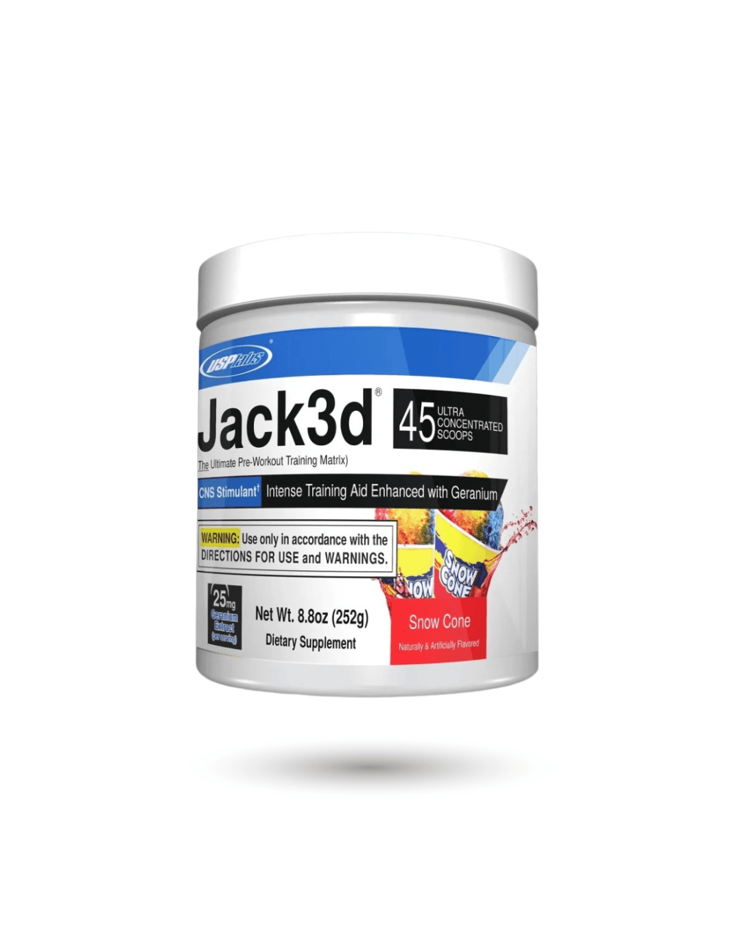 Jack3d DMHA Pre-Workout Snow Cone flavor by USP Labs, 45 ultra-concentrated scoops for enhanced energy and workout performance.