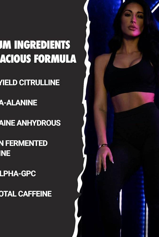 Woman in gym holding Ghost Legend All Out Pre Workout. Highlights premium ingredients like 6g Citrulline, 3.2g Beta-Alanine, and 400mg Caffeine.