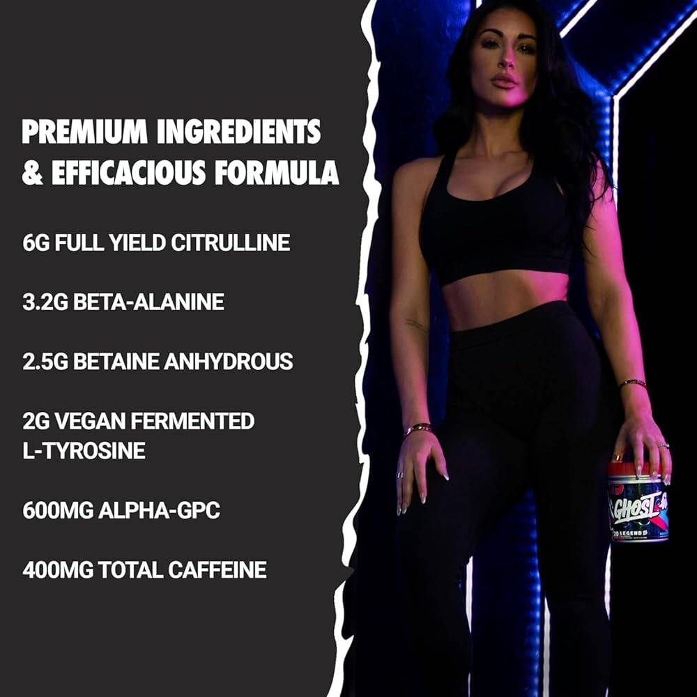 Woman in gym holding Ghost Legend All Out Pre Workout. Highlights premium ingredients like 6g Citrulline, 3.2g Beta-Alanine, and 400mg Caffeine.