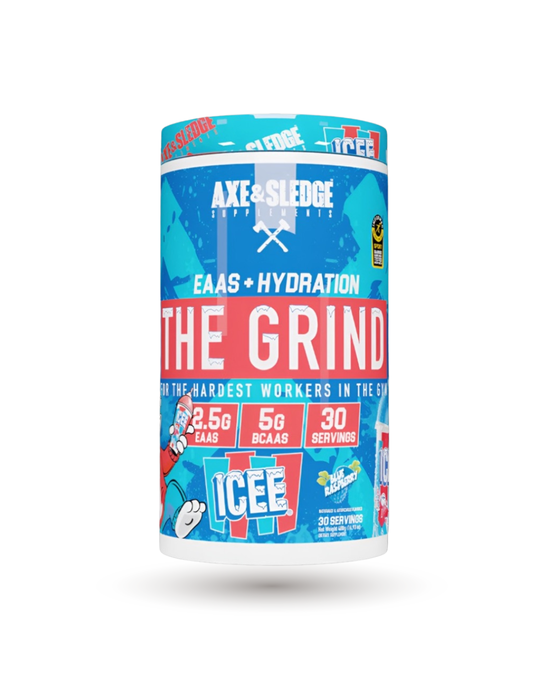 Axe Sledge The Grind EAA Hydration ICEE Blue Raspberry flavor. 2.5g EAAs and 5g BCAAs per scoop. 30 servings for hydration and performance.