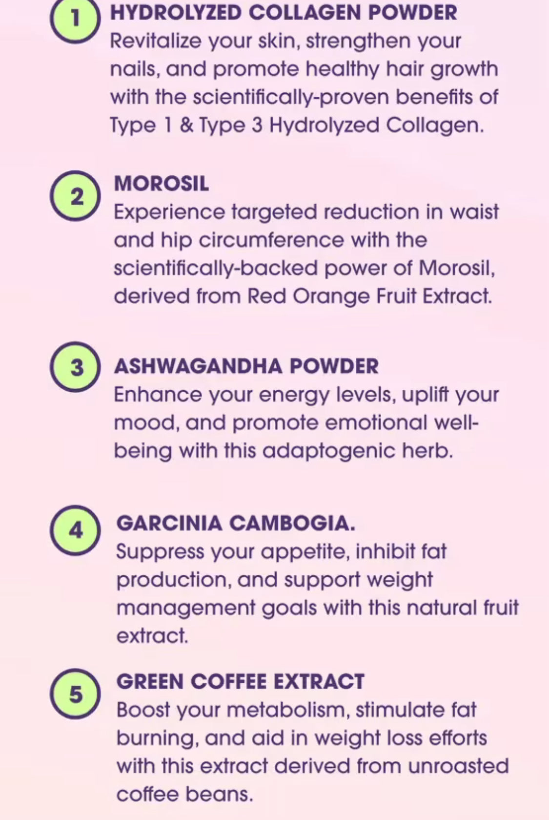 Ingredient breakdown of Obvi Collagenic Burn Powder highlighting collagen, Morosil, Ashwagandha, Garcinia Cambogia, and Green Coffee Extract.