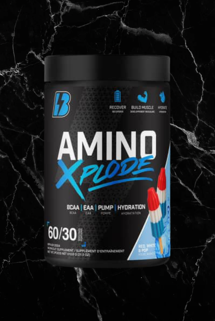 Amino Xplode workout supplement in Rocket Pop flavor, featuring EAA, BCAA, pump agents, and hydration support for muscle recovery and performance.