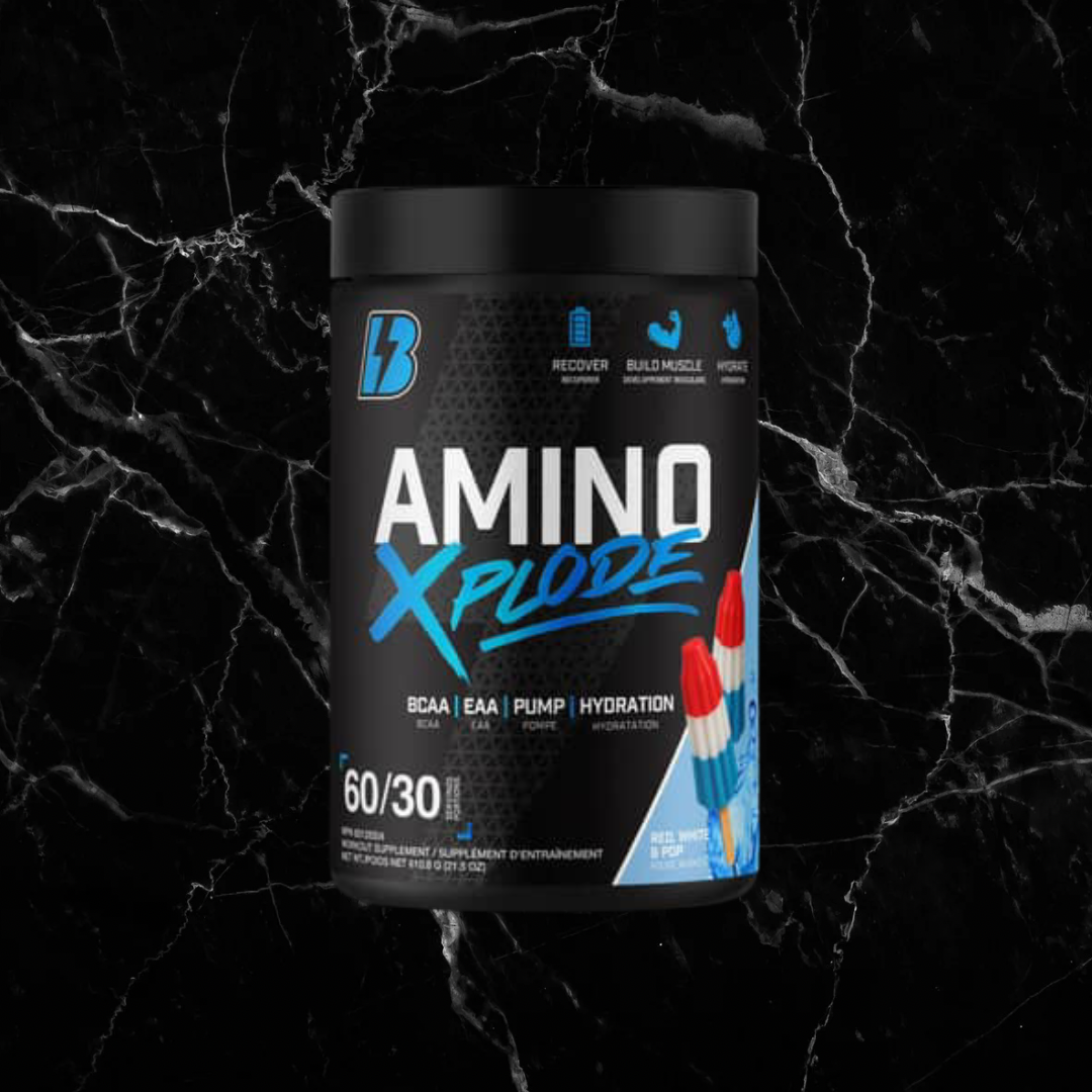 Amino Xplode workout supplement in Rocket Pop flavor, featuring EAA, BCAA, pump agents, and hydration support for muscle recovery and performance.