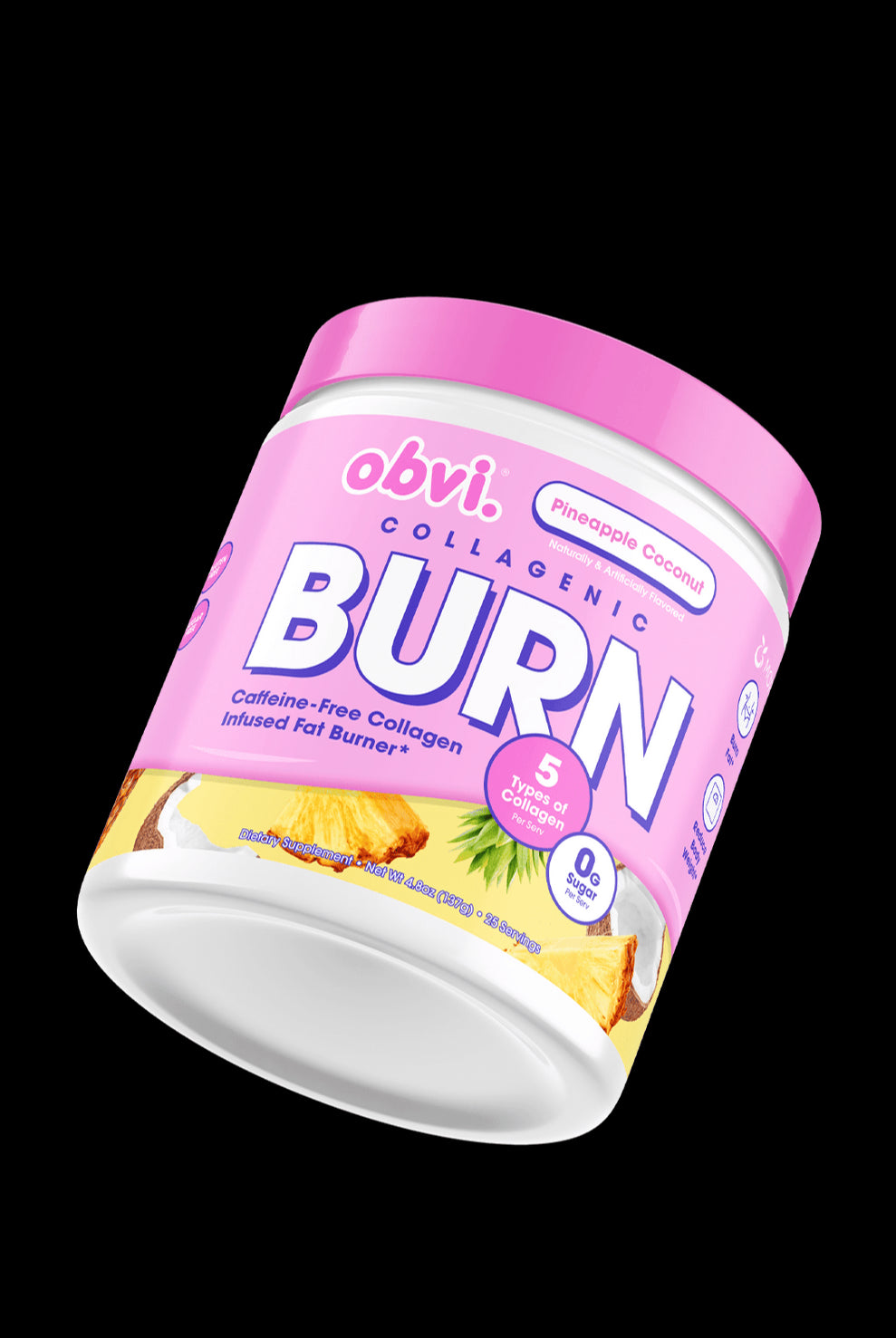 Obvi Collagenic Burn Powder in Pineapple Coconut flavor, collagen-infused fat burner supplement for fitness and beauty, packaged in a pink jar.