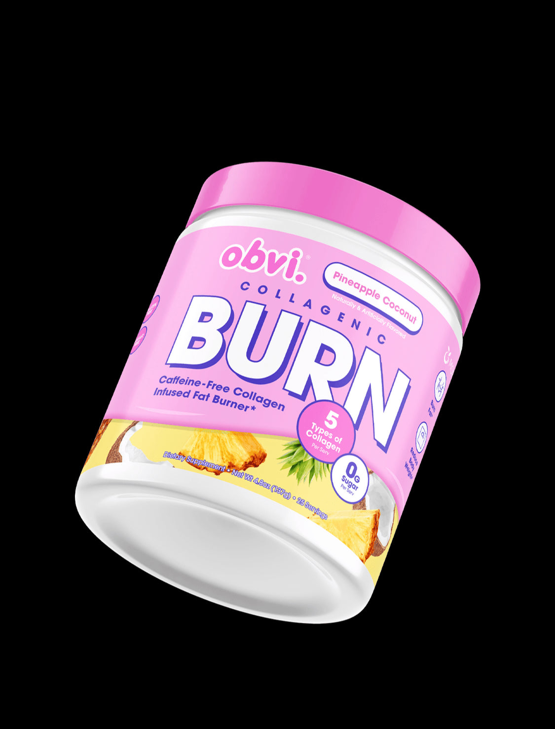 Obvi Collagenic Burn Powder in Pineapple Coconut flavor, collagen-infused fat burner supplement for fitness and beauty, packaged in a pink jar.